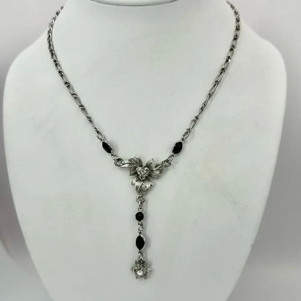 silver tone  and black floral rhinestone pendant necklace